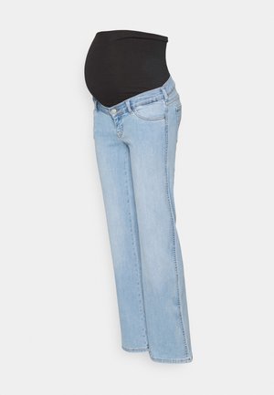 Jeans de maternidade com um acabamento em denim azul claro, apresentando um cós elástico preto para suporte, desenhados com um corte reto.