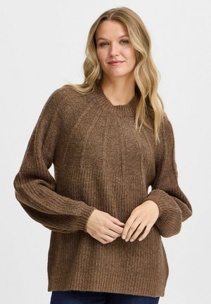 Brown knitted sweater with ribbed texture, rounded neckline, and puffed sleeves. Soft wool material offers a warm appearance.