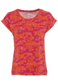 T-shirt pour femme à manches courtes avec col rond, présentant un motif abstrait de rayures ondulées orange et rose.