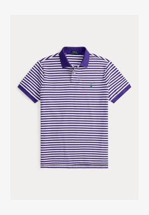 Tricou polo cu mâneci scurte, dungi mov și albe, cu guler și manșete solide mov, logo verde brodat pe pieptul stâng.