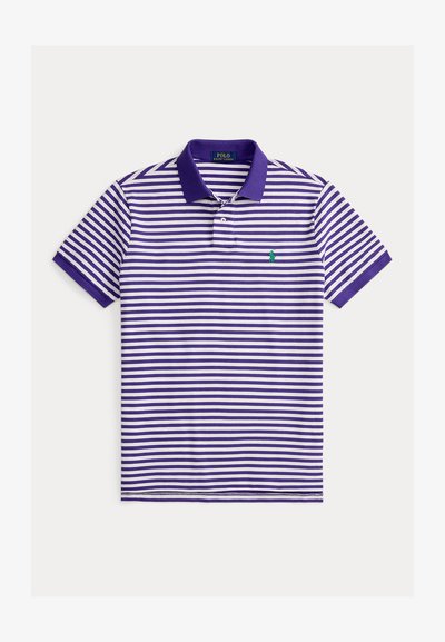 Purple and white striped short-sleeve polo shirt with solid purple collar and cuffs, green embroidered logo on left chest.