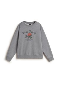 Felpa grigia con grafiche di rose e la scritta "Vans Supply." Ha un collo rotondo, maniche lunghe e polsini e orlo a costine.