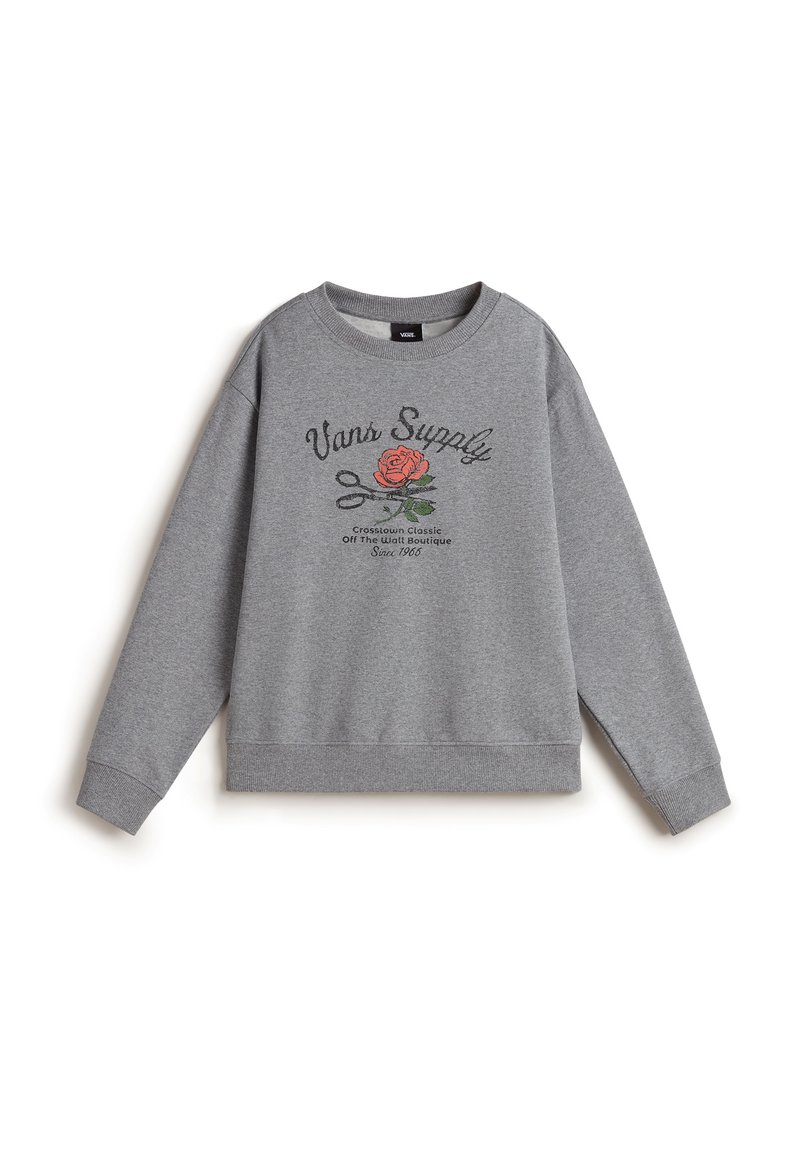 Felpa grigia con grafiche di rose e la scritta "Vans Supply." Ha un collo rotondo, maniche lunghe e polsini e orlo a costine.