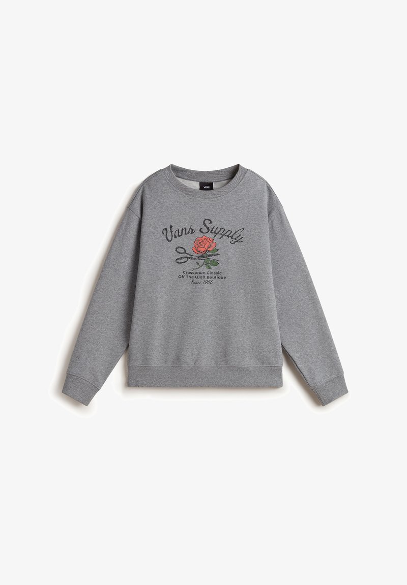 Sudadera gris con un gráfico de una rosa y el texto "Vans Supply". Tiene cuello redondo, mangas largas y puños y dobladillo acanalados.