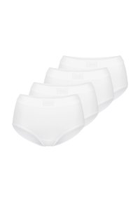 Witte katoen onderbroeken, high-waisted, met een zachte elastische tailleband en naadloos ontwerp. Vier stuks in een rij weergegeven.