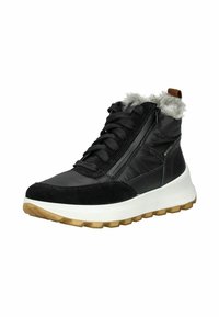 Schwarze High-Top-Sneaker mit einer Mischung aus glatten und strukturierten Materialien, Lammfellfutter, einem seitlichen Reißverschluss und einer dicken Sohle aus weißem und Gummi.