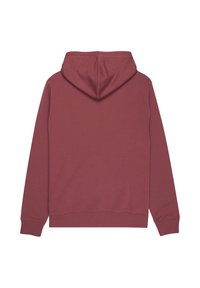 Dunkelroter Hoodie mit Kapuze und Kordelzug, langen Ärmeln, gerippten Bündchen und einfarbiger Struktur. Die Rückseite ist schlicht ohne zusätzliche Details.