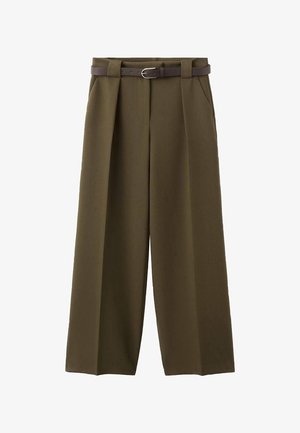 Wide-leg olive green trousers with front pleats, side pockets, and a brown belt with a silver buckle.