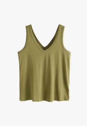 Ærmeløs olivengrøn bomuldstop med V-hals og brede skulderremme, vist mod en hvid baggrund.