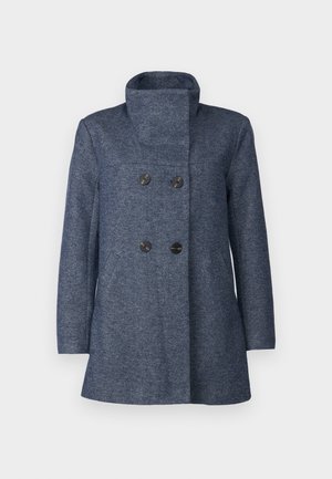 Manteau en mélange de laine bleu marine avec col haut, devant double boutonnage avec boutons noirs et poches latérales. Tissu à texture lisse.
