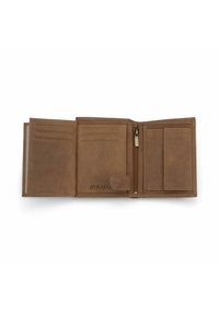 Brown leather wallet with multiple card slots, a zippered coin pocket, and a button closure. Smooth texture with stitched accents.