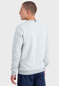 Sudadera gris claro hecha de tela suave. Presenta un cuello redondo, mangas largas y puños acanalados. Destaca un acento en el escote de la parte posterior.