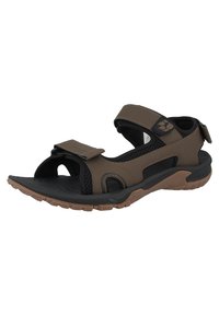 Sandalias sintéticas marrones con correas de Velcro ajustables, una plantilla negra texturizada y una suela flexible color beige con patrones de tracción.