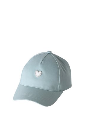 Light blue baseball cap with a small white embroidered heart on front, structured crown, and curved brim.