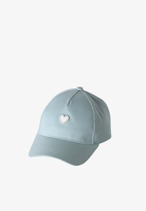 Light blue baseball cap with a small white embroidered heart on front, structured crown, and curved brim.