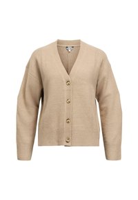 Beige knitted cardigan with a V-neck, featuring a button front, drop shoulders, and ribbed cuffs and hem. Soft texture with decorative stitching.