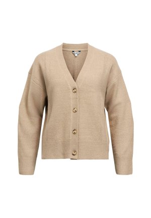 Beige gebreide cardigan met V-hals, voorzien van een knoopsluiting, verlaagde schouders en geribde manchetten en zoom. Zachte structuur met decoratieve stiksels.