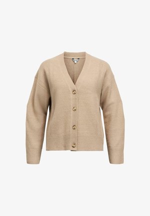 Cardigan beige lavorato a maglia con scollatura a V, dotato di chiusura a bottoni, spalle scese, e polsini e orlo a costine. Texture morbida con cuciture decorative.