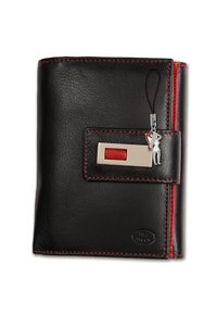Zwarte leren portemonnee met rode stiksels, voorzien van een voorzak met een rode accent, een charm en een logo dat in de onderste hoek is geperst.