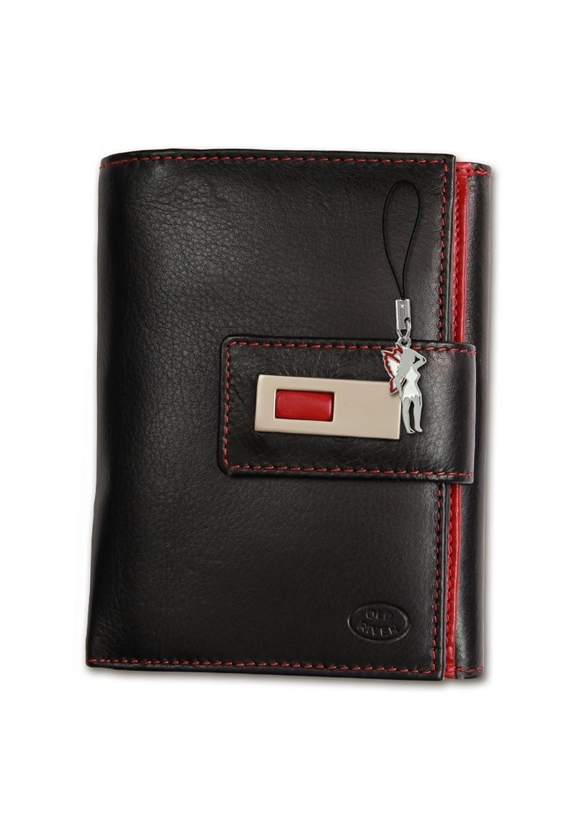 Zwarte leren portemonnee met rode stiksels, voorzien van een voorzak met een rode accent, een charm en een logo dat in de onderste hoek is geperst.