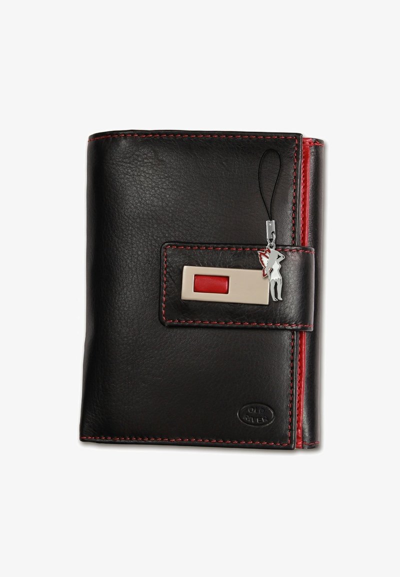 Zwarte leren portemonnee met rode stiksels, voorzien van een voorzak met een rode accent, een charm en een logo dat in de onderste hoek is geperst.