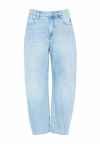 Jeans in denim azzurro chiaro, a vita alta, con una vestibilità rilassata, gambe dritte e design a cinque tasche. Cuciture classiche e dettagli in metallo.