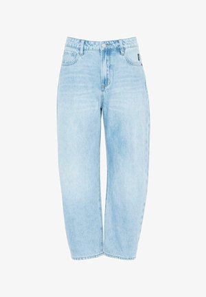 Light blue, high-waisted denim jeans with a relaxed fit, straight legs, and five-pocket design. Classic stitching and metal hardware accents.
