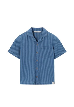 Chemise bleue à manches courtes avec des rayures verticales blanches, une poche poitrine unique et un col camp.