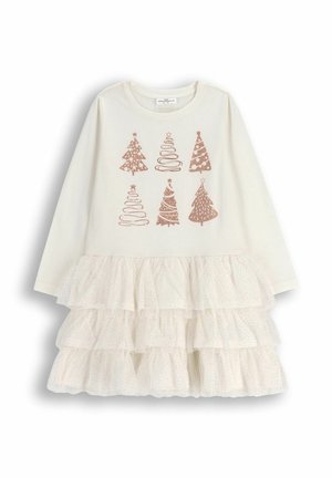 Sukienka z długim rękawem w kolorze kremowym, zdobiona świątecznymi wzorami drzew w kolorze różowego złota. Dół sukienki jest warstwowy, wykonany z falbaniastego tiulu w groszki.