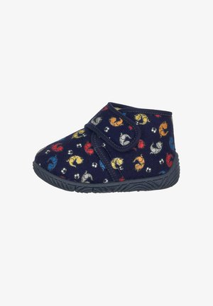 Marine stof pantoffel met klittenbandsluiting, met kleurrijke dierenpatronen en een geprofileerde zool voor grip. Rond ontwerp, zacht materiaal.