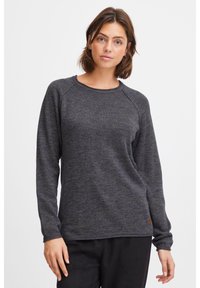 Dark gray knit sweatshirt with a crew neckline, long sleeves, and ribbed hem, featuring a small logo accent on the lower side.