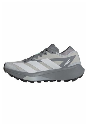 Grauer Adidas Terrex Trailrunning-Schuh mit weißen Streifen, robusten Sohlen und Gore-Tex wasserdichtem Material auf weißem Hintergrund.