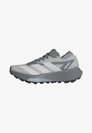 Grå Adidas Terrex trail løbesko med hvide striber, robust sål og Gore-Tex vandtæt materiale på en hvid baggrund.