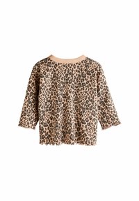 Leopardtryckt långärmad skjorta i mjukt tyg; har rund halsringning, ribbad yta och vågig avslutning med rosa och svarta färger.