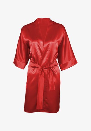 Accappatoio rosso in satin con maniche corte, vita cinturata e una texture liscia e lucida. Presenta un profondo scollo a V e una silhouette morbida.