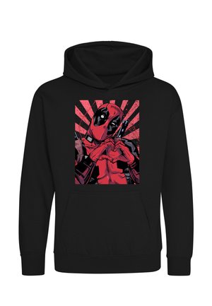 Sweat à capuche noir avec un graphisme coloré représentant Deadpool formant un cœur avec ses mains sur un fond radial rouge.