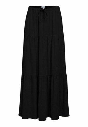 Jupe longue noire à volants avec taille élastique et lien coulissant à l'avant, tissu léger, style décontracté.