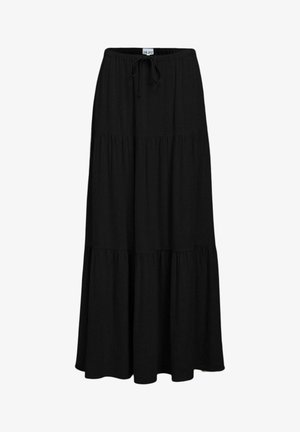 Lang sort nederdel med trininddelinger, elastik i taljen og snøre foran, letvægtsstof, afslappet stil.
