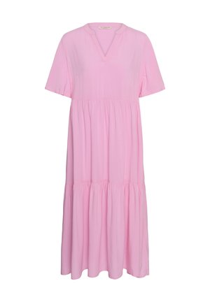 Abito midi rosa chiaro con maniche corte, scollo a V e balze arricciate che creano una silhouette morbida e fluente.