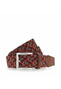 Ceinture tissée aux nuances de brun, rouge et violet ; équipée d'une boucle en métal argenté et d'une pointe en cuir marron ; design texturé et flexible.