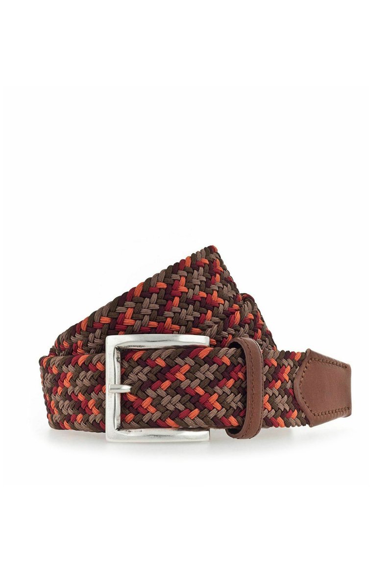 Ceinture tissée aux nuances de brun, rouge et violet ; équipée d'une boucle en métal argenté et d'une pointe en cuir marron ; design texturé et flexible.