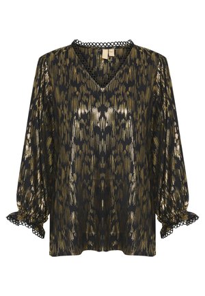 Zwarte blouse met een gouden metallic patroon, V-hals, lange pofmouwen met kantafwerking en een relaxte pasvorm. Geweven stof met een glanzende afwerking.
