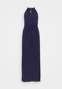 Lång, mörklila ärmlös klänning med halterneck, nyckelhålsutsnitt och midjeband. Har en avslappnad passform och slits på sidan.