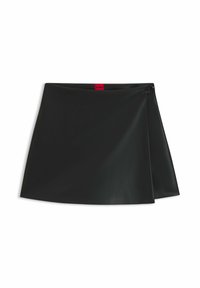 Black faux leather mini skirt with a wrap design, featuring a side button closure and subtle stitching detail. Smooth texture.