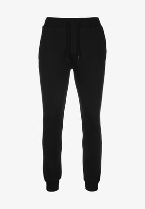 Sorte sweatpants lavet af blødt stof, med elastisk talje med snor, tapered ben og ribbede manchetter ved anklerne.