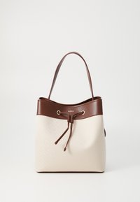 Borsa a secchiello in tela beige con parte superiore in pelle marrone, chiusura a coulisse e dettagli con logo. Caratterizzata da una sola tracolla per il trasporto.