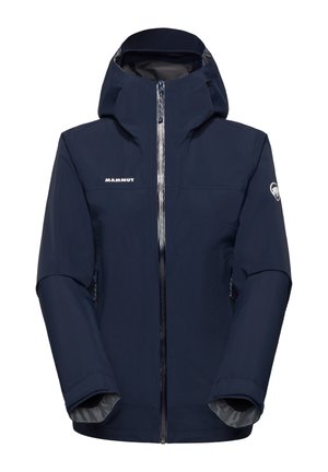 Giacca impermeabile con cappuccio blu navy, cerniera frontale, maniche lunghe, logo Mammut sul petto e sulla manica.
