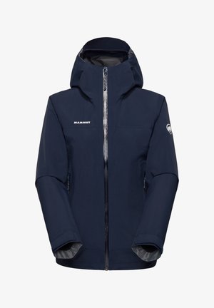 Marineblauwe waterdichte jas met capuchon, ritssluiting aan de voorkant, lange mouwen, Mammut-logo op de borst en mouw.