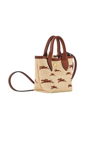 Sac à main en paille tressée avec des accents en cuir marron, arborant un design carré compact et des motifs animaliers rouges. Sangle d'épaule réglable incluse.