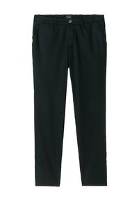 Pantaloni in cotone neri con frontale piatto, gamba dritta, passanti per cintura e chiusura con bottone singolo e zip. Senza motivi visibili.